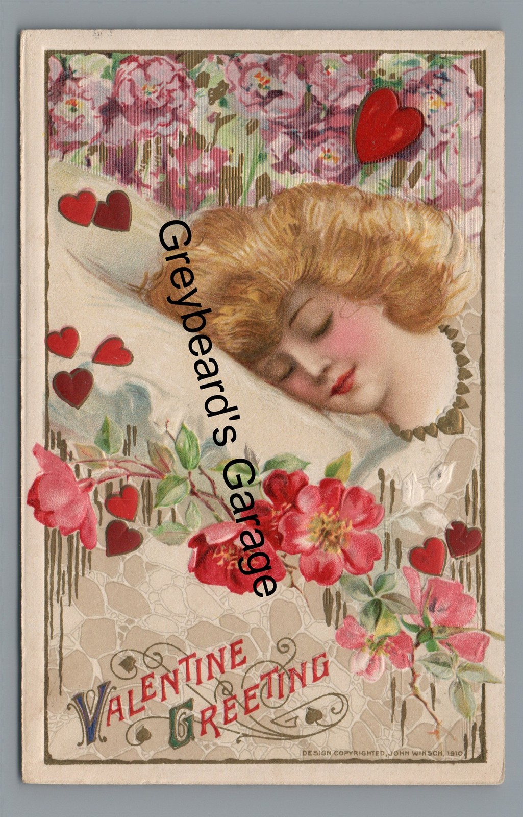 Greeting Valentine’s Day Pretty Girl Sleeping Roses SCHMUCKER Winsch Postcard