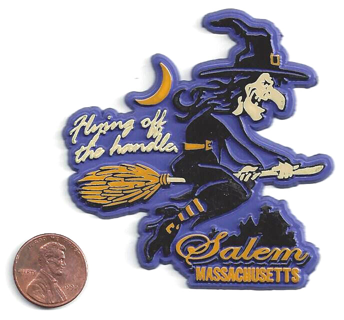 SALEM WITCH SOUVENIR FRIDGE MAGNET FLYING OFF THE HANDLE