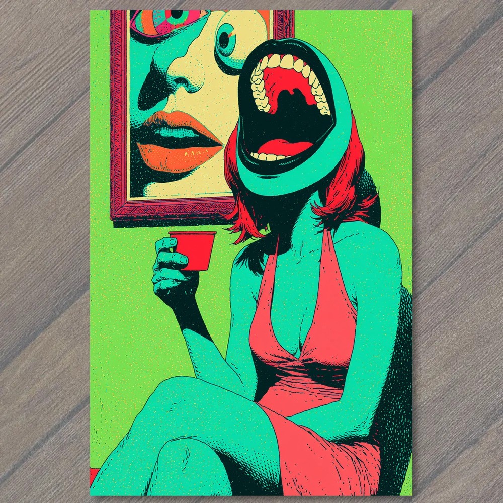 POSTCARD Surreal Woman Red Dress Open Mouth Yelling Neon Colors Weird Strange