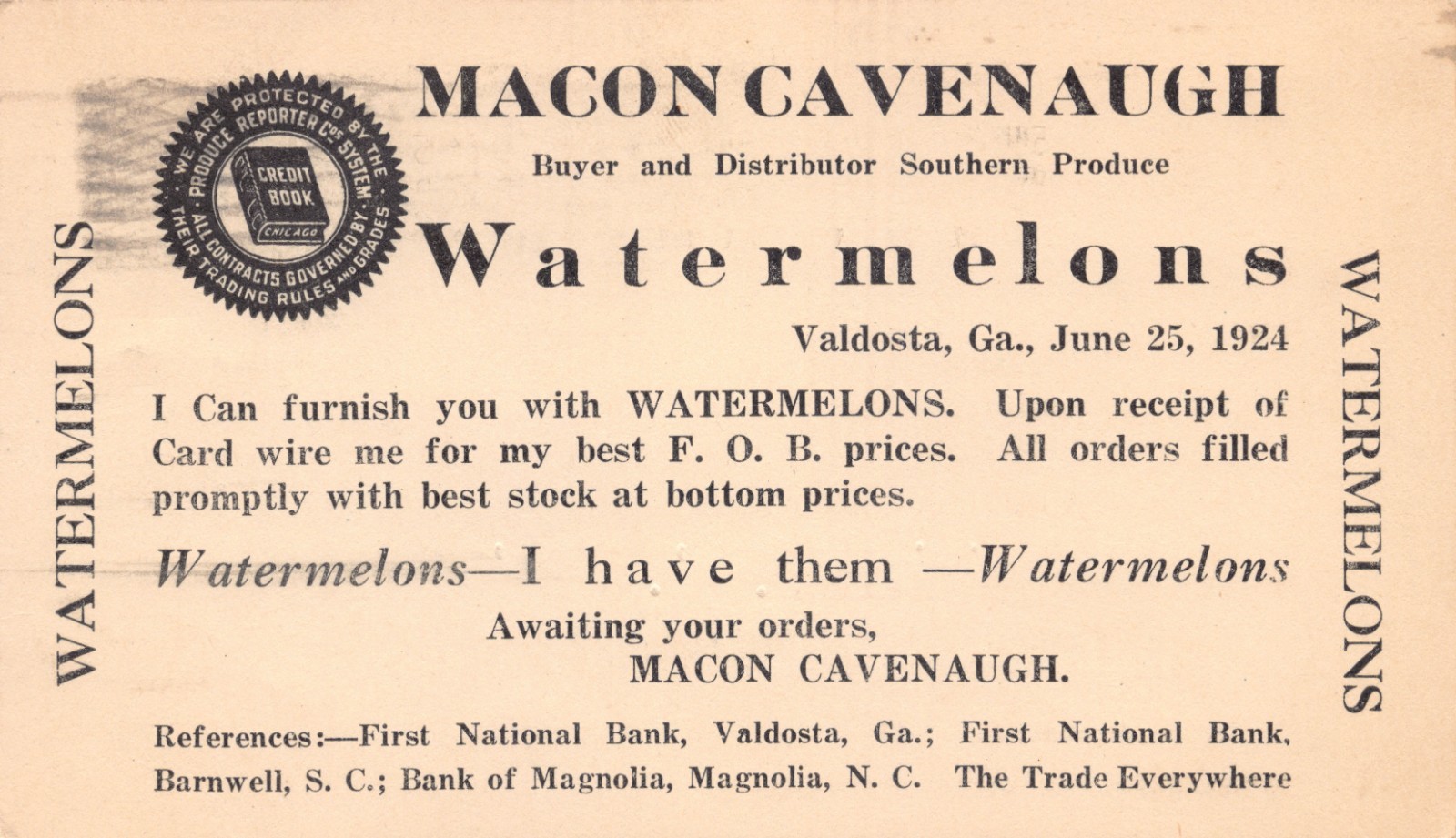 GA~GEORGIA~VALDOSTA~1924 MACON CAVENAUGH~WATERMELONS~BUYER & DISTRIBUTOR