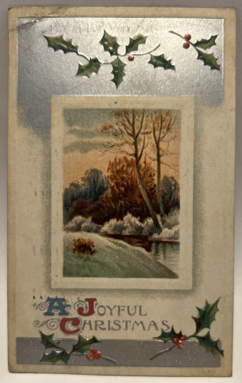1910 A Joyful Christmas, Silver, Holly, Vintage Embossed Postcard