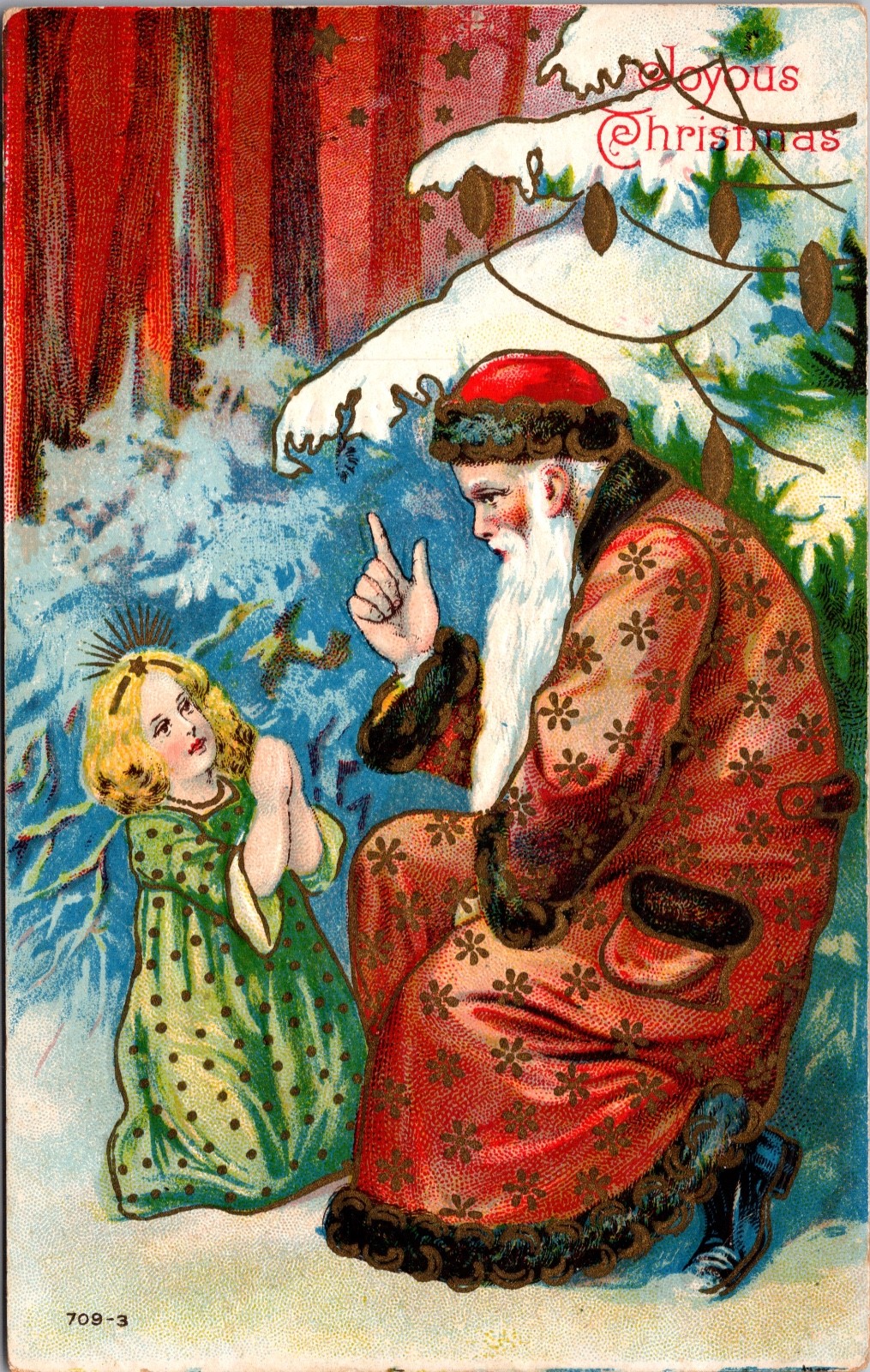 Antique Christmas Postcard Santa Pointing Finger Child Kneeling c1907