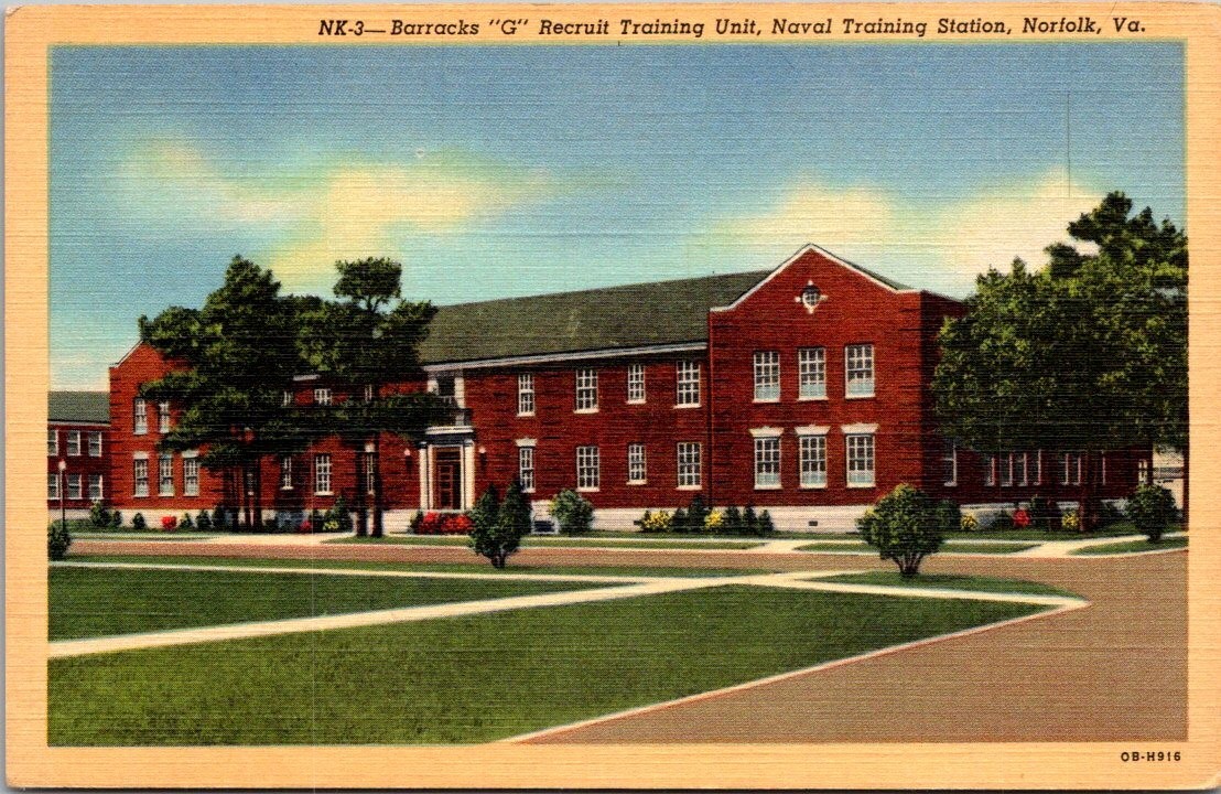Norfolk VA Barracks G Recruit Training Unit 1940s Downtown View Linen Postcard