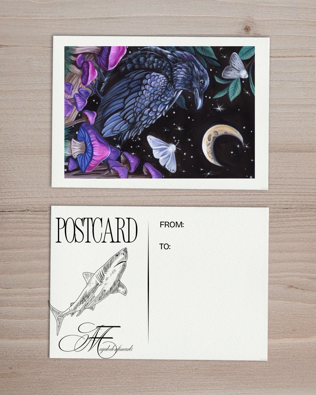 Witchy Raven Postcard Art, Celestial Moon Moth Crow Painting, Gothic Art Gift