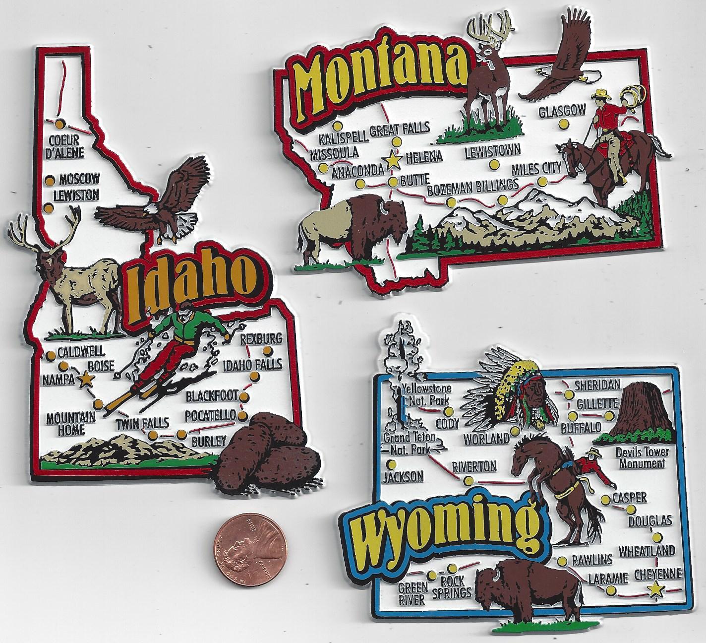 MONTANA, WYOMING, IDAHO JUMBO STATE MAP MAGNETS NEW USA 3 MAGNETS