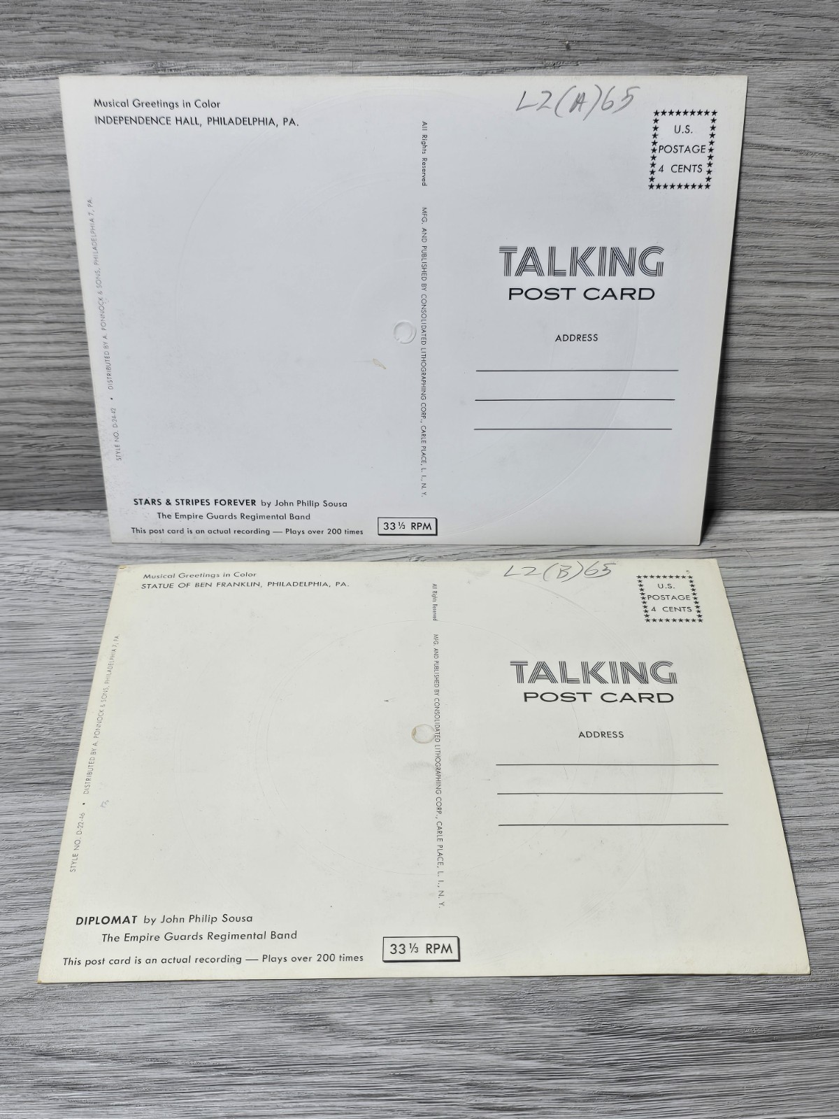 Lot of 2 1950s Philadelphia Pa Talking Postcards 33 1/3 RPM Records