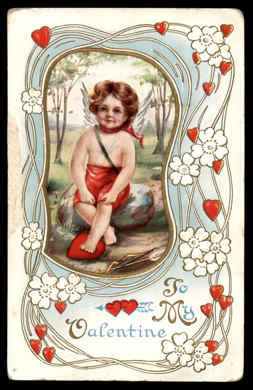 Postcard Valentine’s Day Postcard with Cupid, Flowers, and Hearts UNP