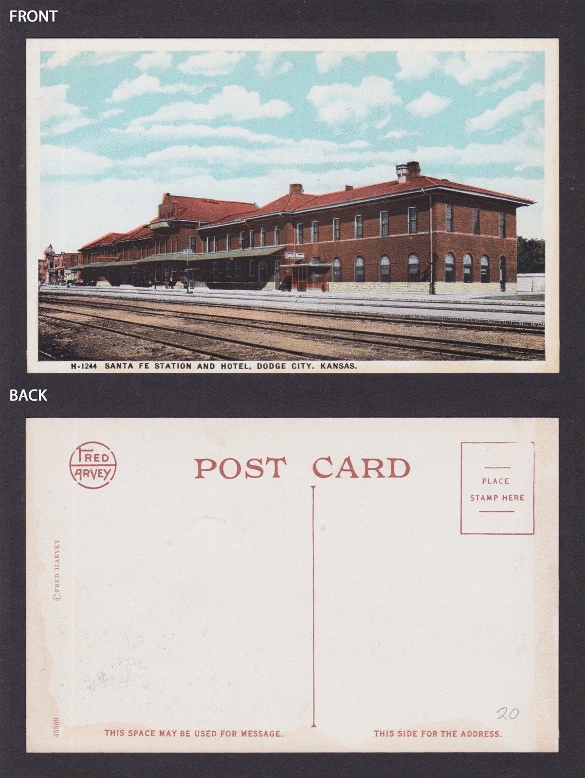 Postcard, United States, Dodge City KS, Railway, Santa Fe Station & Hotel
