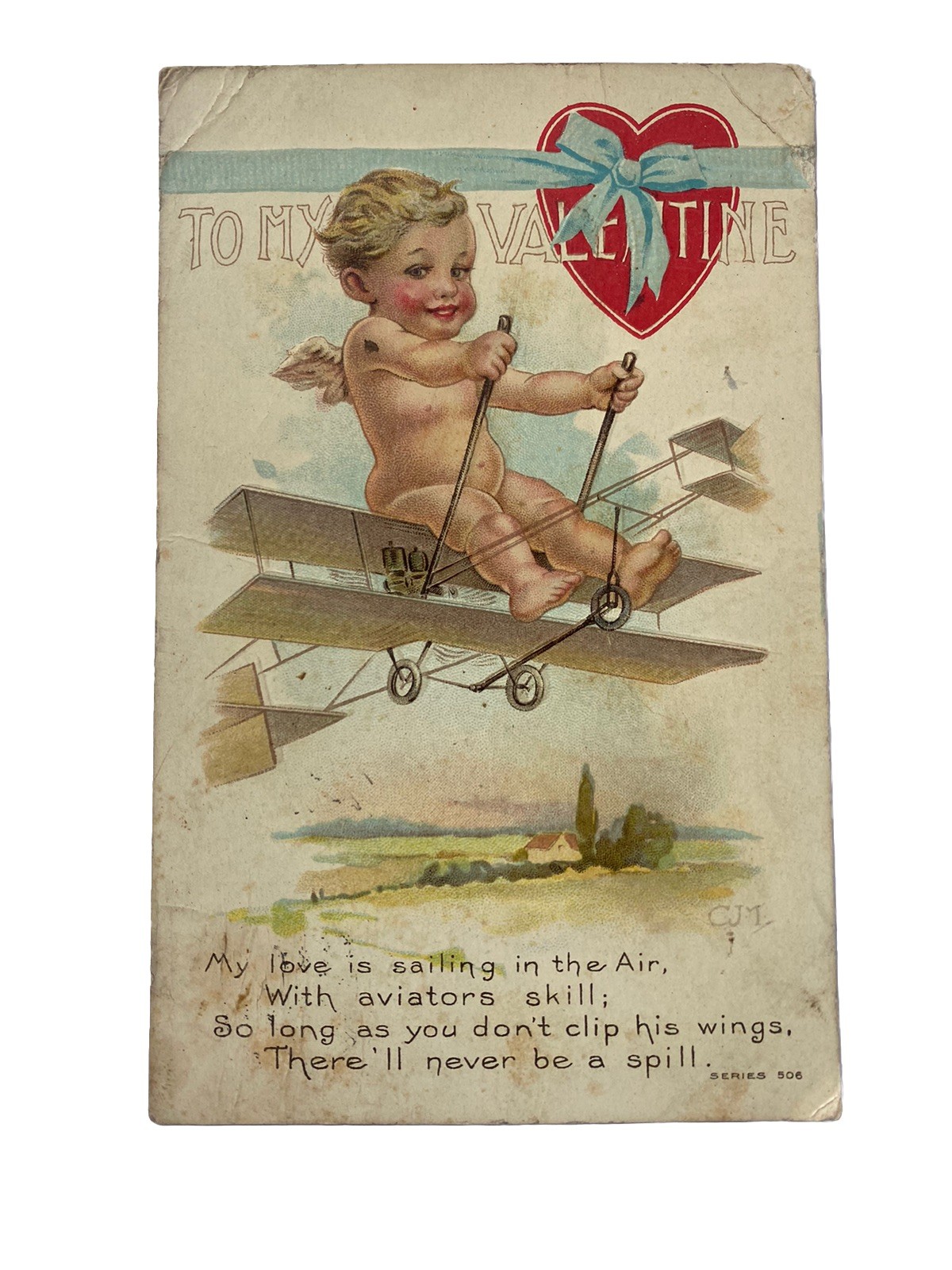 Vintage 1910s Valentine’s Day Postcard ~ Cupid, Cherub Flying Early Airplane