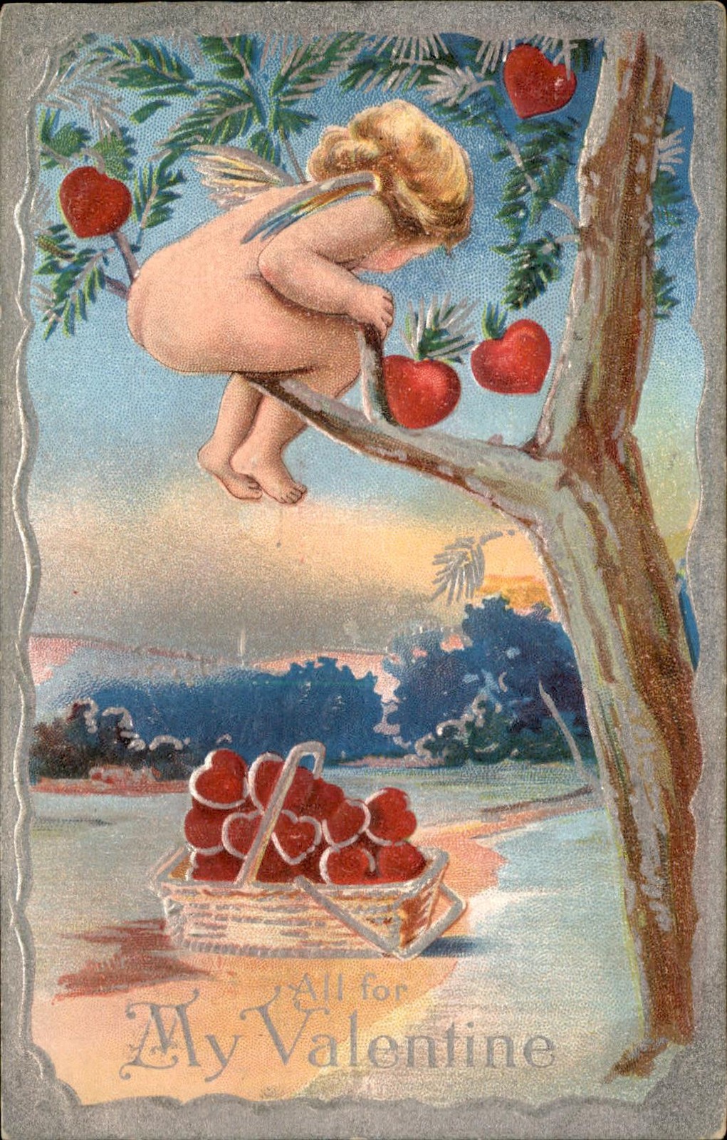 Valentine’s Day Cupid with Heart Basket Love Cupid c1910s-20s Vintage Postcard