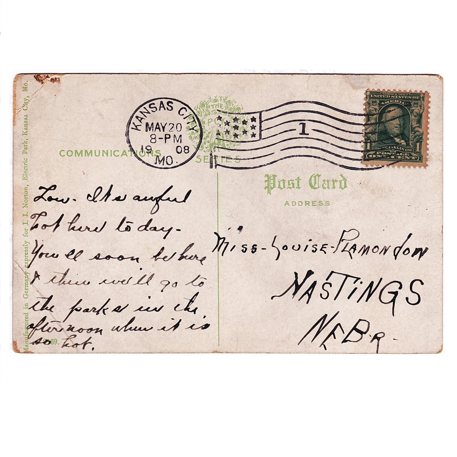 Lot of 7 Kansas City Missouri Electric Park Postcards Posted 1908