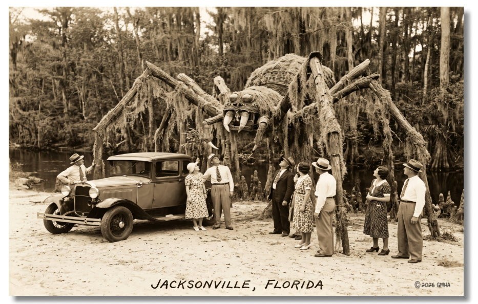 Vintage‑STYLE NEW ART 1930’s RPPC-GIANT CREEPY SWAMP SPIDER-JACKSONVILLE FL-FAUX