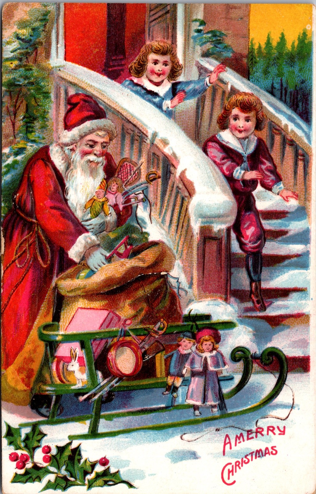 Antique 1900s Santa Claus Christmas Postcard Kids Toys Sled Saxony No.729