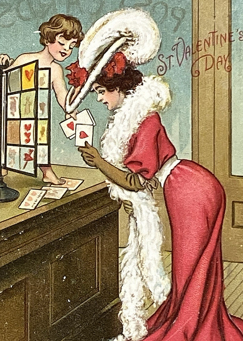 St. Valentine’s Day Fancy Dressed Lady & Cupid 1910 Embossed DB Postcard C246