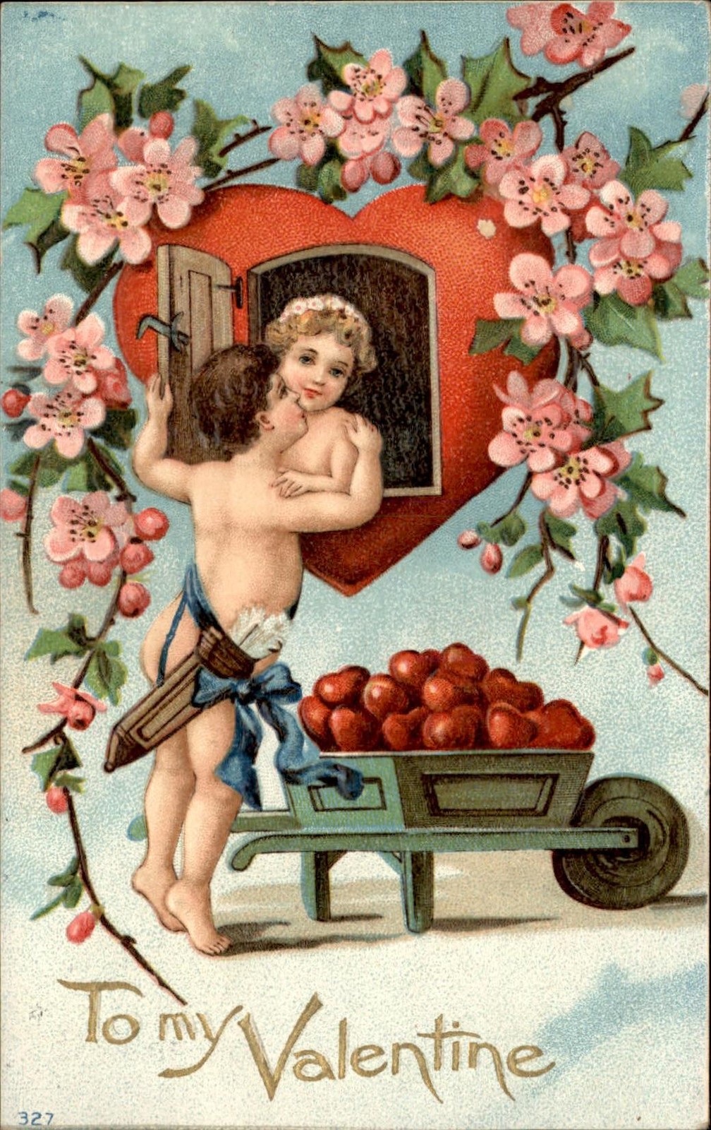 Valentine’s Day Cupid with Wheelbarrow Love Embossed c1900s-10s Vintage Postcard
