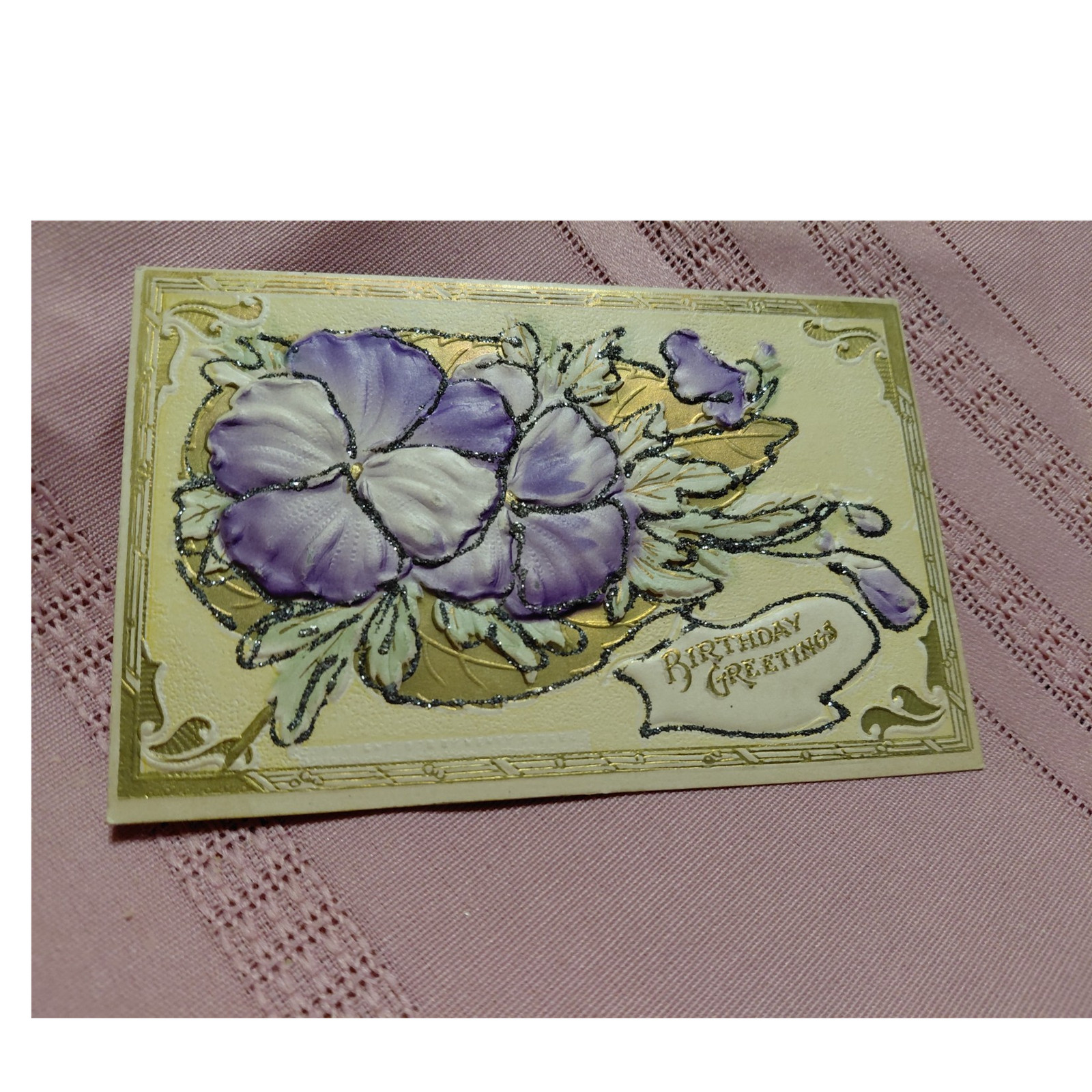embossed birthday greetings postcard floral purple flowers single unit