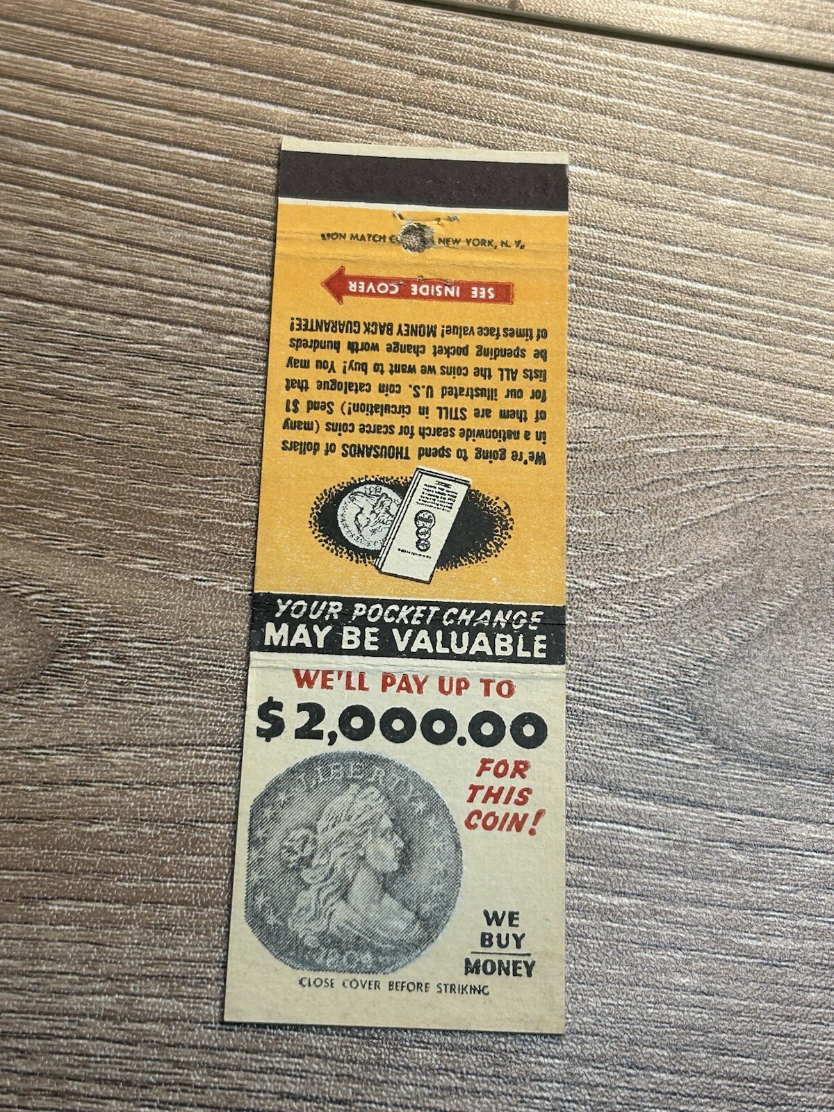 Vintage Matchbook Cover Coin Buyer Seller $2,000 Bounty MB25