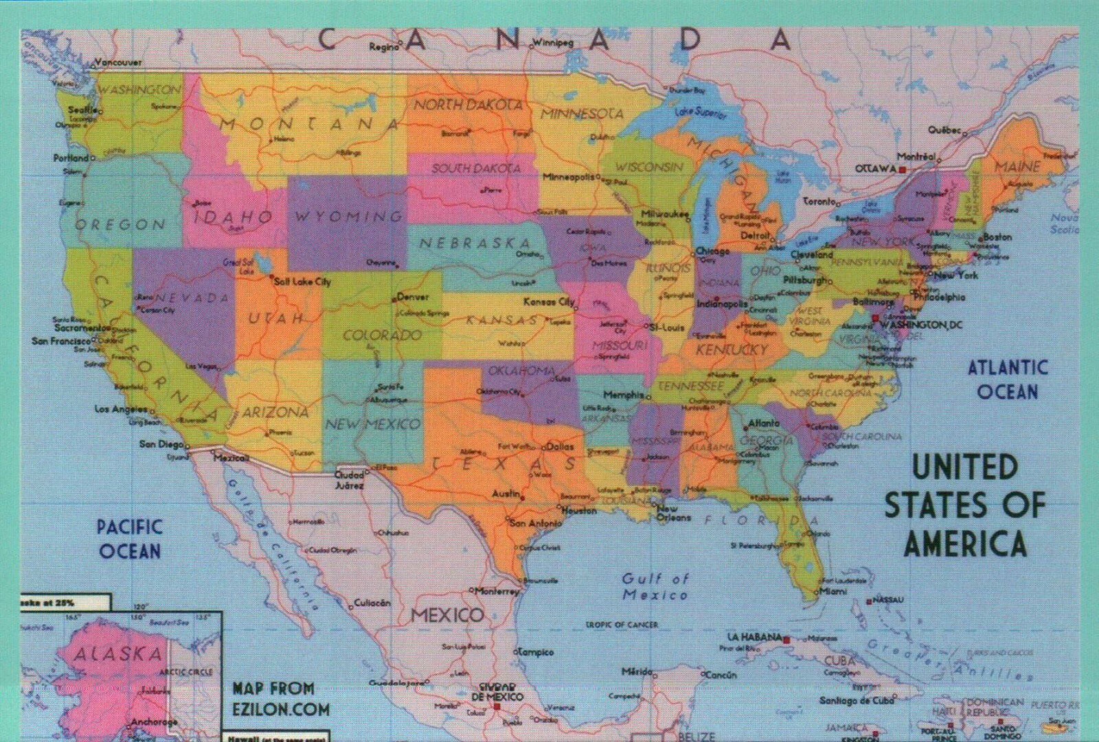 Map of the United States of America USA, California New York Ohio etc – Postcard