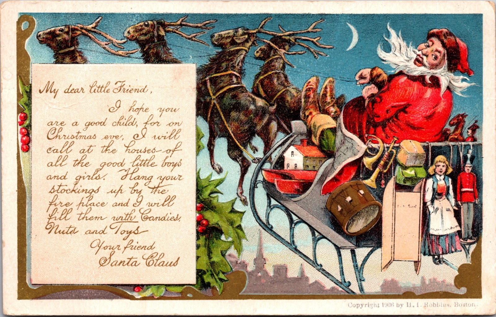 1906 Santa Claus in Sleigh with Reindeer Embossed Christmas Postcard