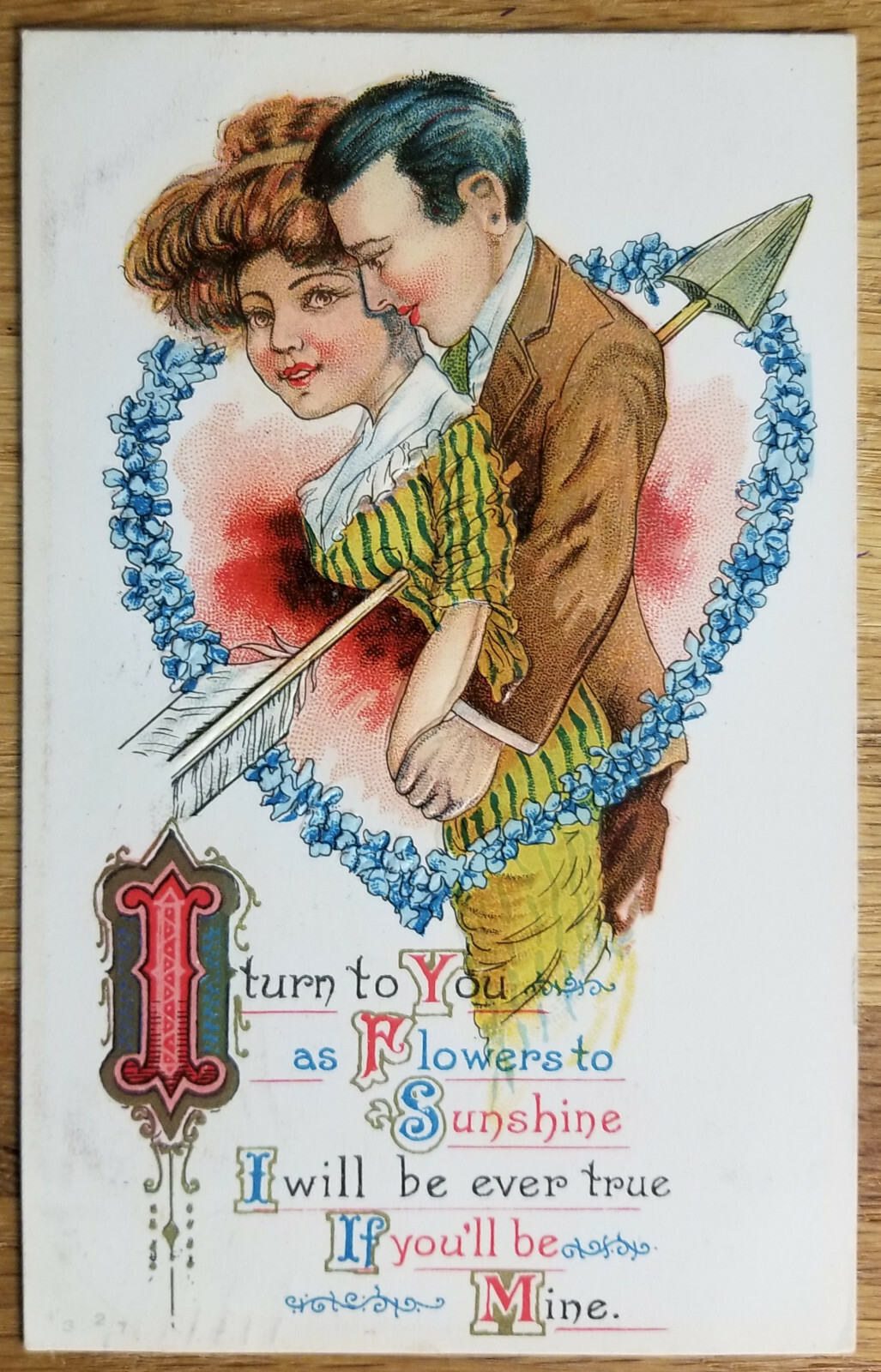 Vintage Valentine’s Day Embossed Postcard PC 1913 Couple in Heart NC to VA