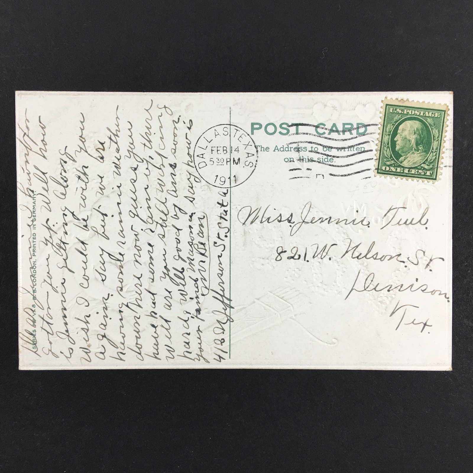 Antique Valentine’s Day Postcard Cupid Mending Sewing Heart Posted 1911