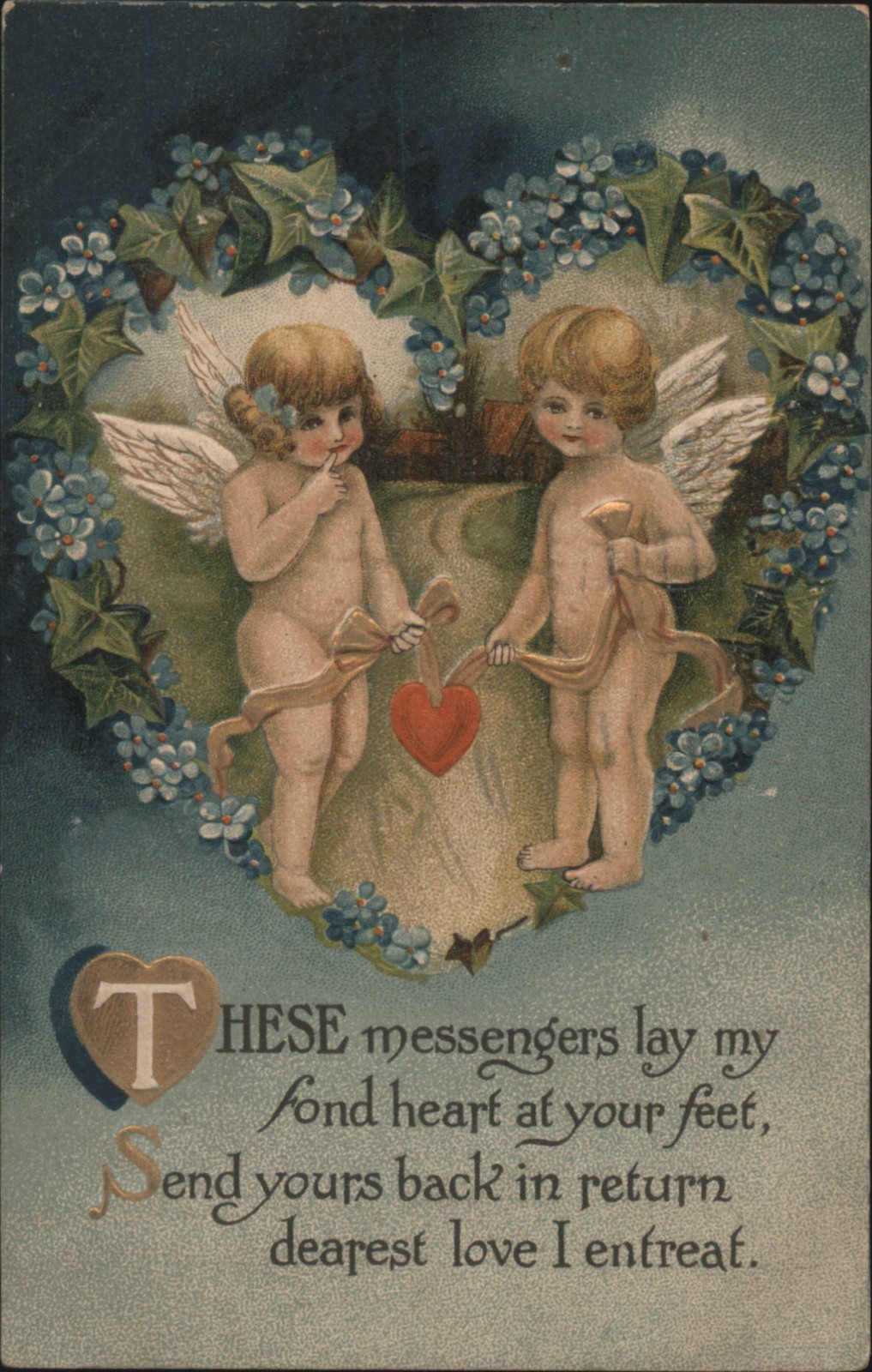 Cupid Two Cherubs with Heart Floral Wreath, Valentine’s Day Greeting 1912 Peoria