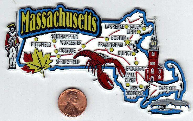 MASSACHUSETTS STATE MAP JUMBO MAGNET BOSTON, CAPE COD, SALEM, WORCESTER