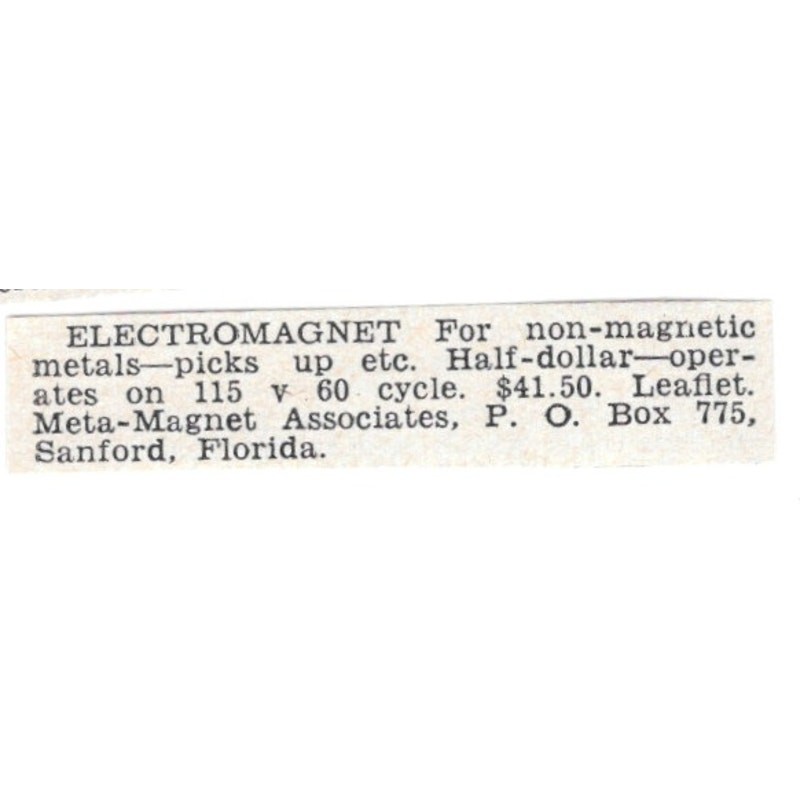 Electromagnet – Mega-Magnet Associates, Sanford Florida 1955 Ad AG1-S7