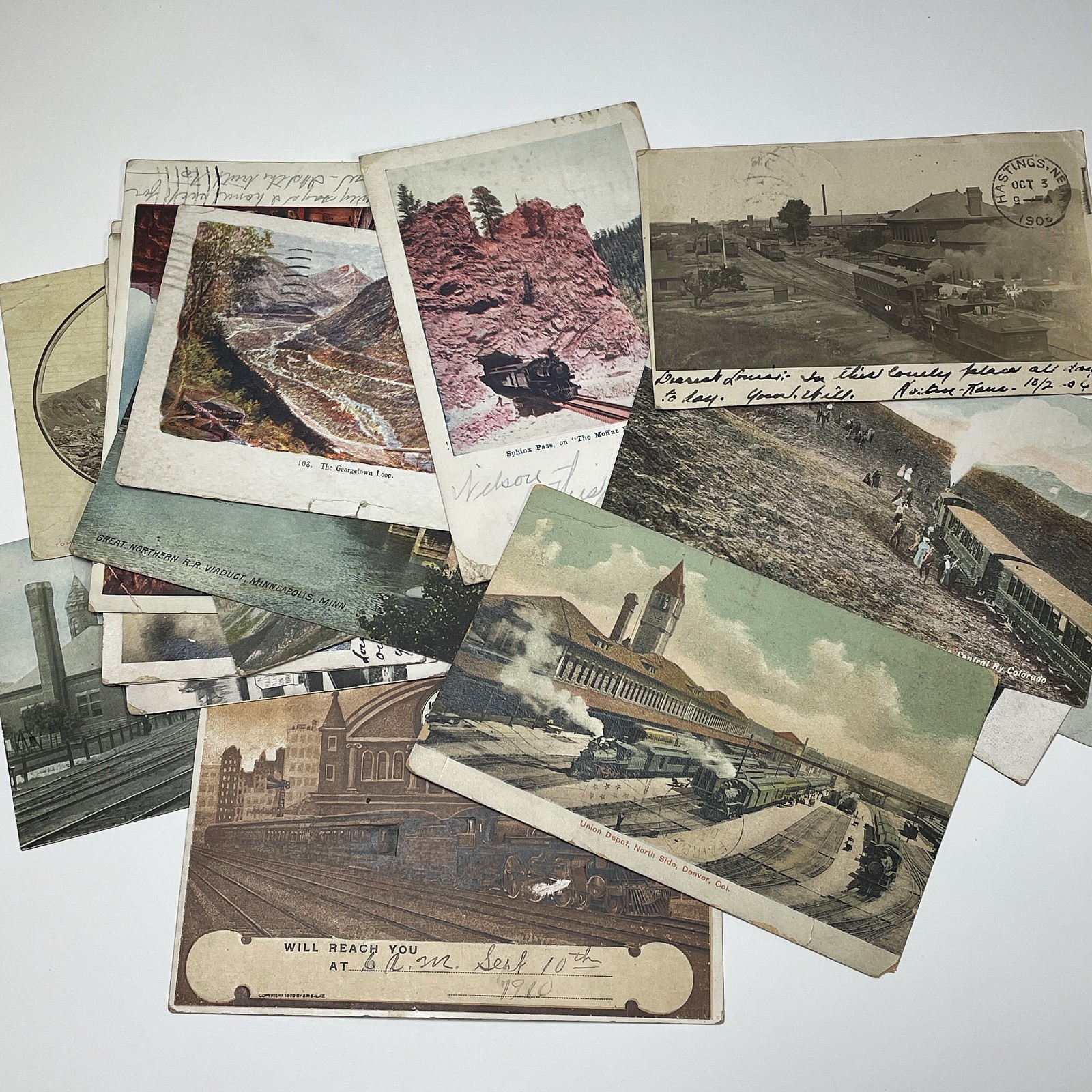 Lot of 18 Vintage Railroad Train Postcards 1907 to 1910 Train Station Depot