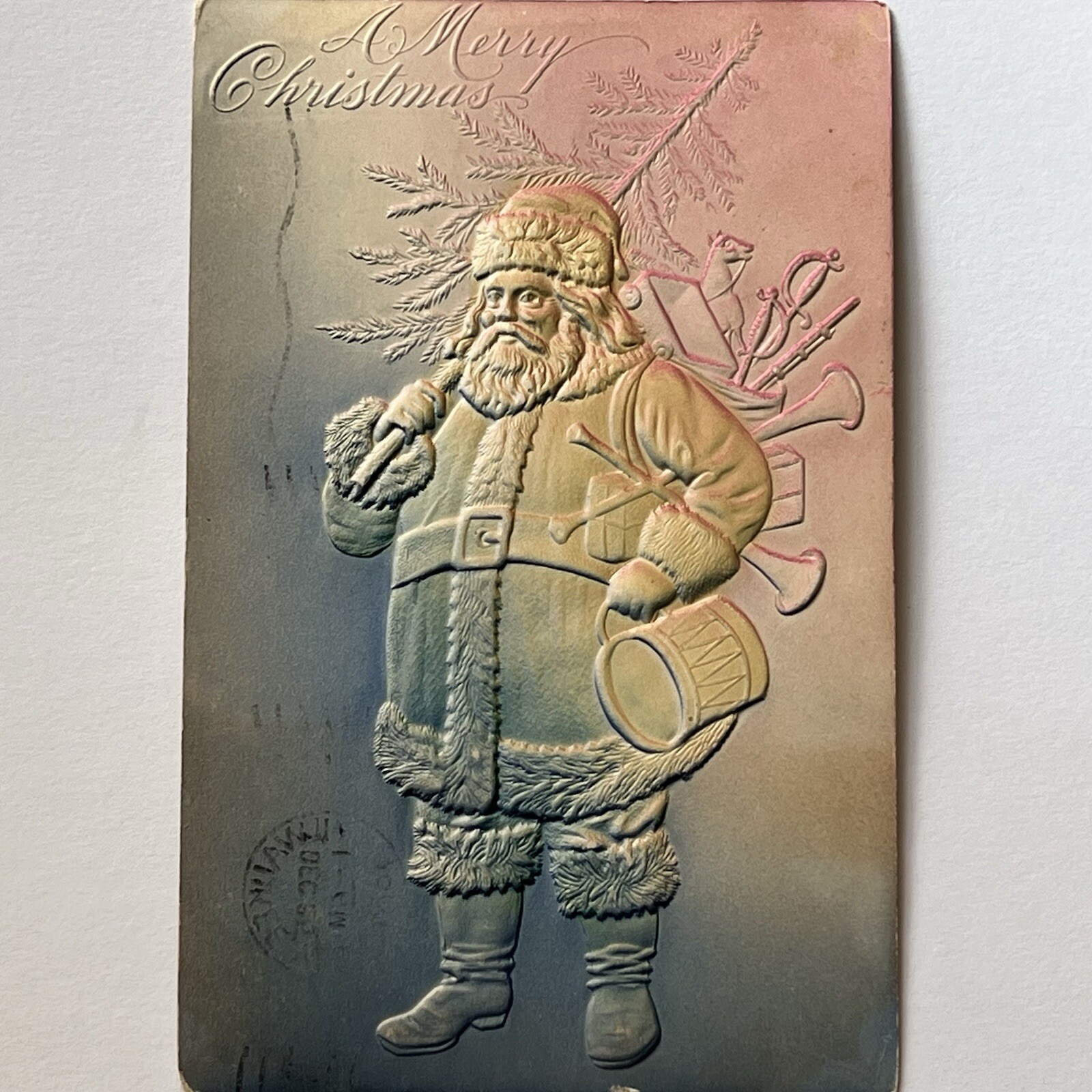 Antique Embossed Christmas Santa Claus Postcard Airbrush Tree Toys Rainbow