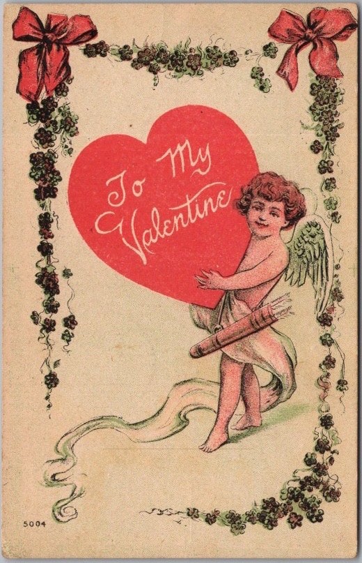 Vintage 1910s VALENTINE’S DAY Postcard CUPID with Big Red Heart / Violet Border