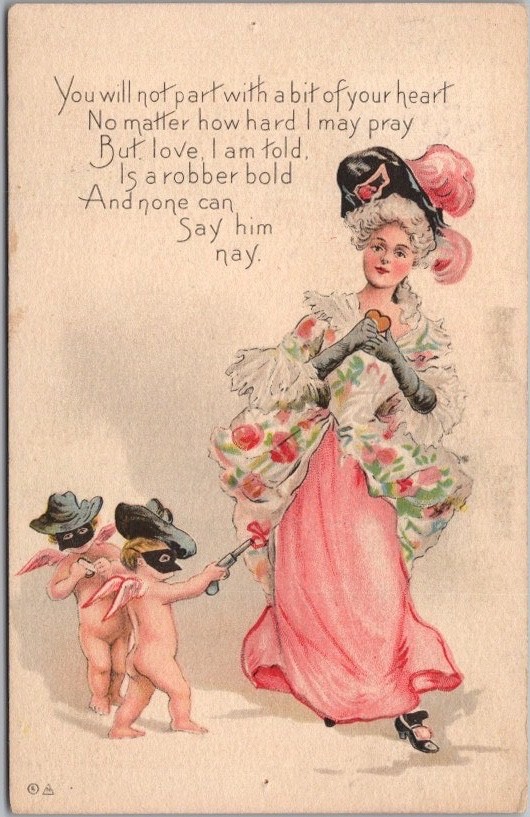 1910s VALENTINE’S DAY Postcard Two Cupid Bandits in Masks / Guns / Glamour Lady
