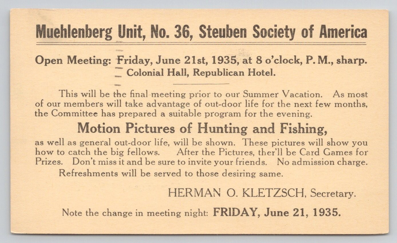 1935 Muhlenberg Unit 36 Steuben Society of America Meeting Postcard