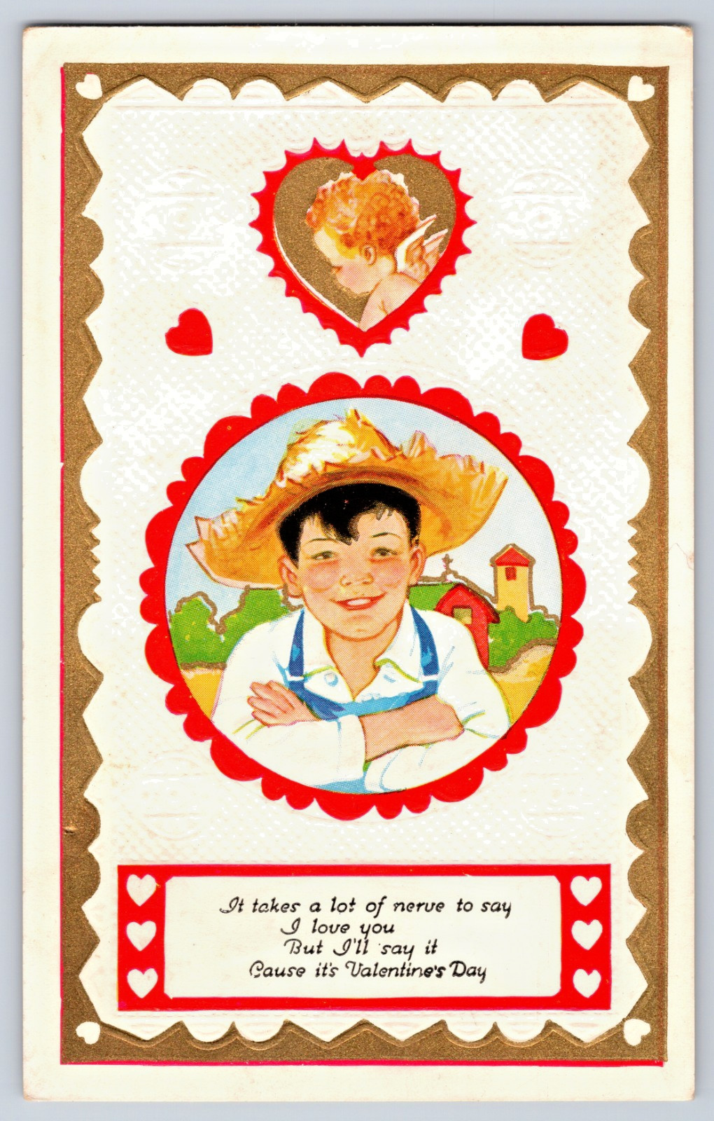 Valentine’s Day Boy Straw Hat Takes A Lot Of Nerve I Love You 1910s Postcard