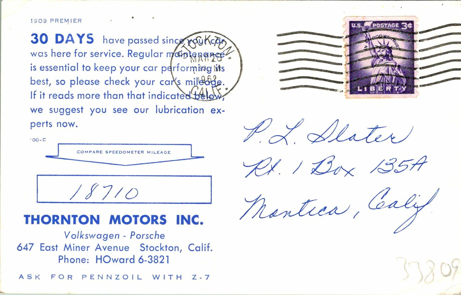 Thornton Motors 30 Days Volkswagen 1909 Premier Postcard Used (33809)