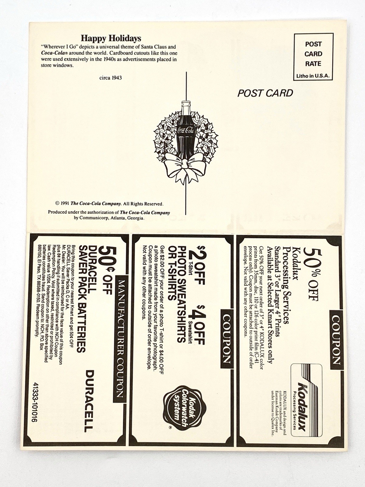 1991 Coca-Cola Happy Holidays Wherever I Go Santa Christmas Coupon Postcard
