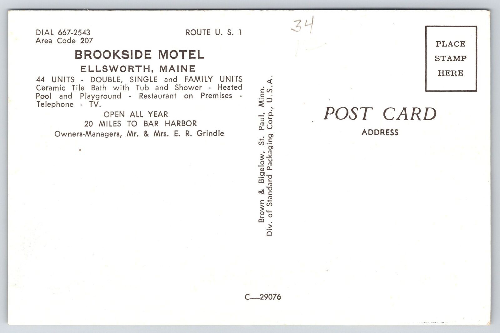 Brookside Motel Ellsworth Maine Double Single Family Unit Open All Year Postcard
