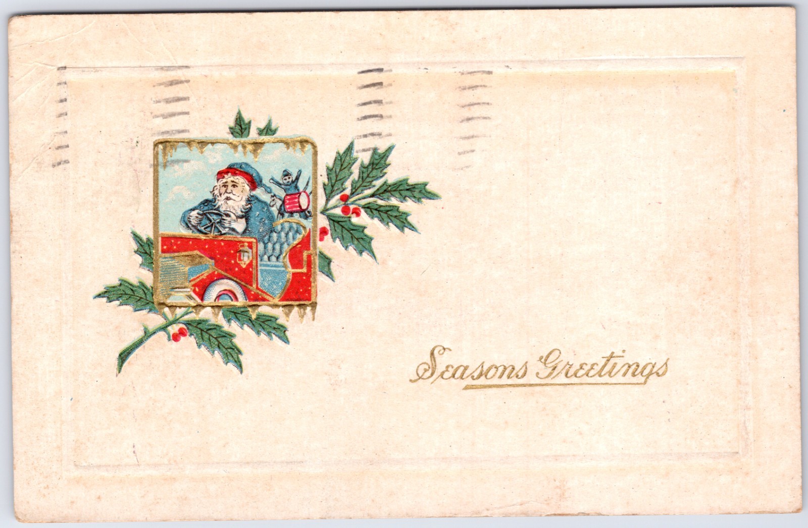 VINTAGE CHRISTMAS GREETING SANTA IN CLASSIC CAR & TOYS EMBOSSED POSTCARD NF