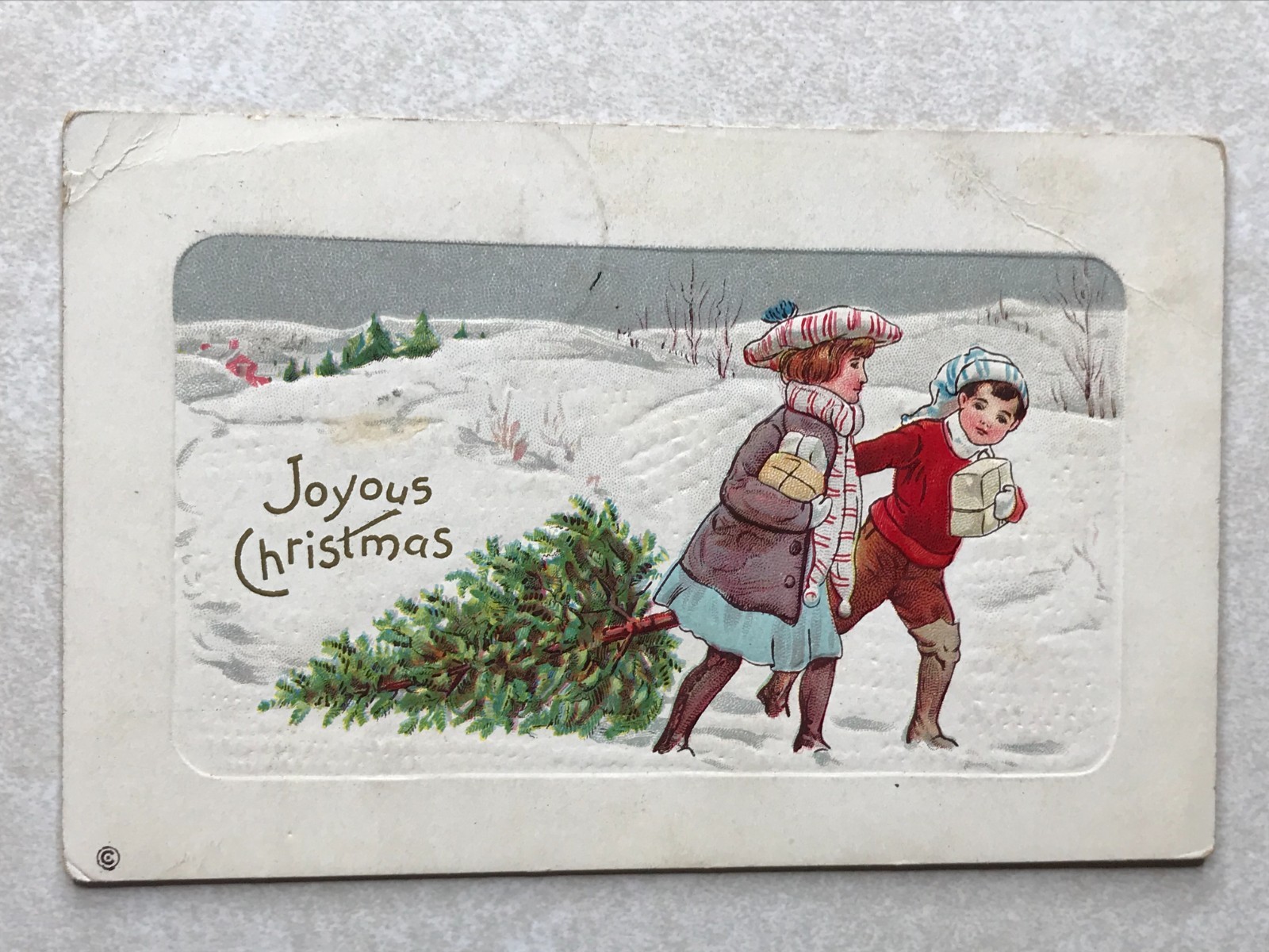 P1420 Vintage Postcard Joyous Christmas Children Dragging Tree Vintage Greeting