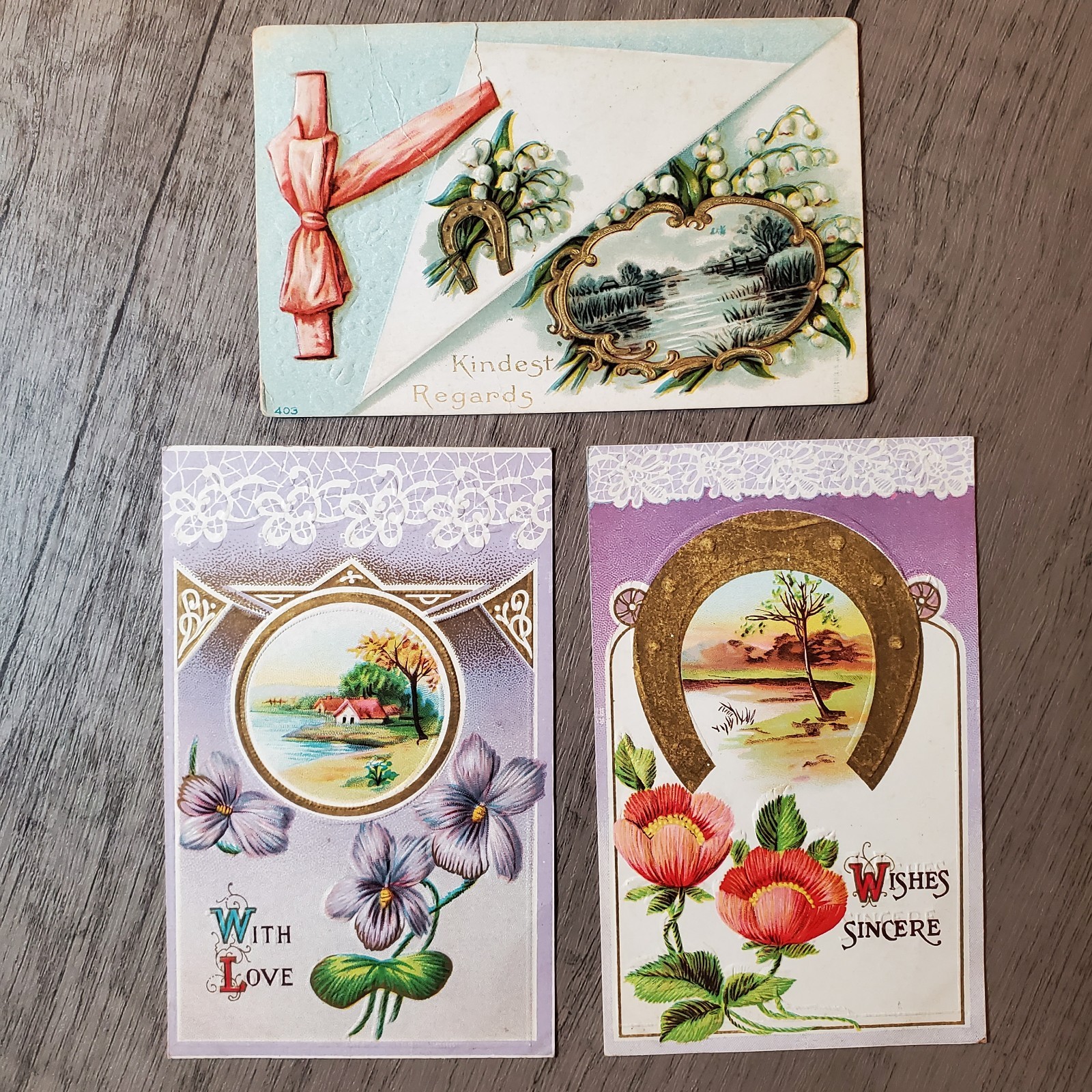 Vintage Embossed Postcards Lot of 3 Horseshoe Flower Good Luck Early 1900s