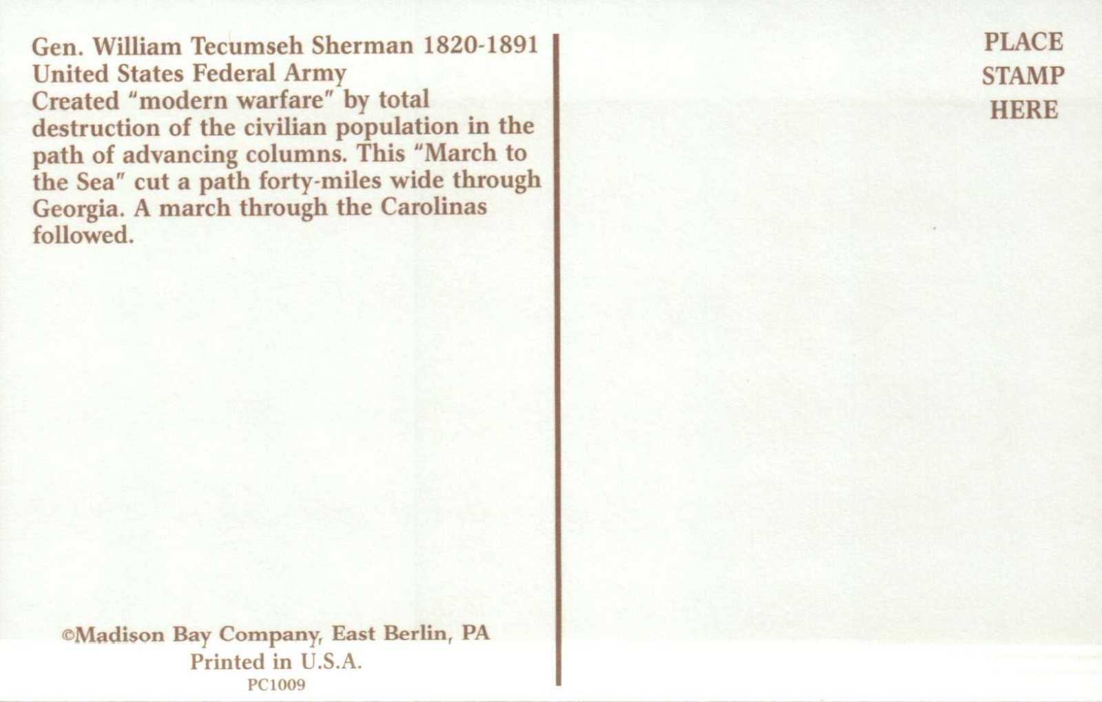 General William Tecumseh Sherman United States Federal Army – Civil War Postcard