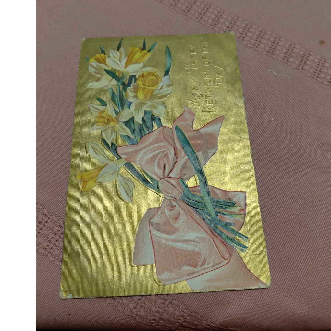 vintage embossed flowers greetings postcard with pink bow single unit