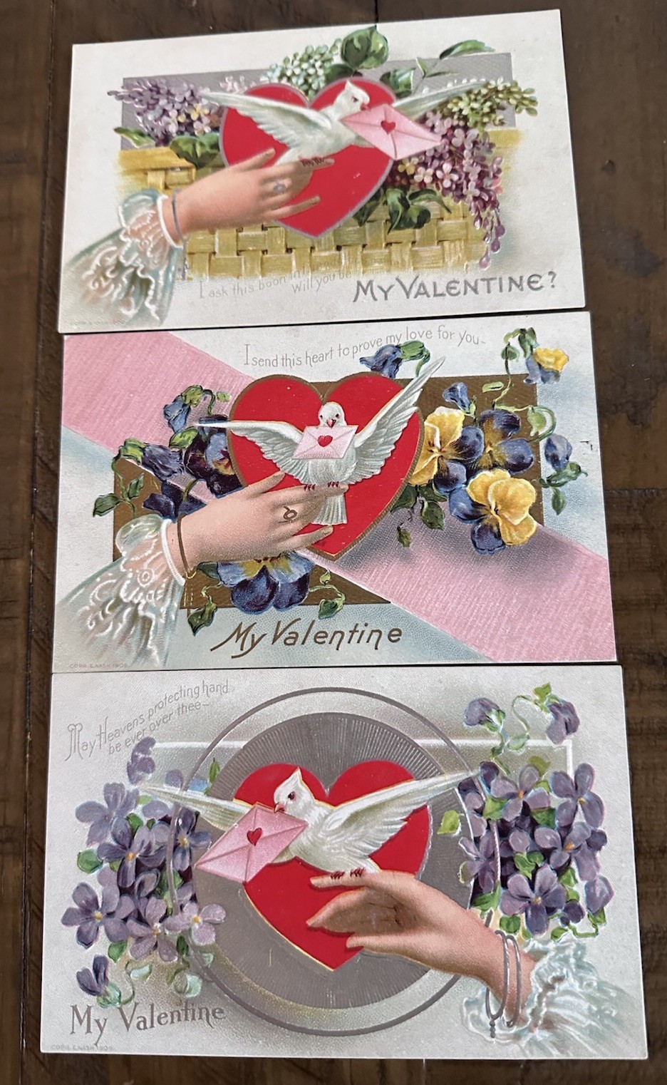 Lot of 3~Lady’s Hands with Doves~Hearts & Flowers~Valentines Day Postcards~r579