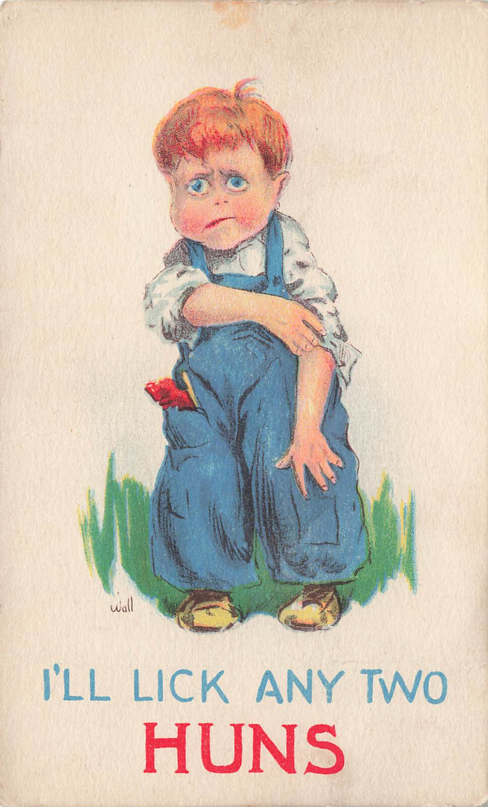 WWI BERNHARD WALL COMIC POSTCARD BOY ROLLS UP SLEEVES TO FIGHT HUNS c1915 51524