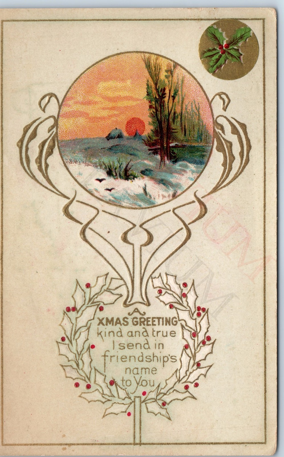 c1910s A Xmas Greeting Kind and True Artistic Embossed Sunset Sea Wreath PC A205