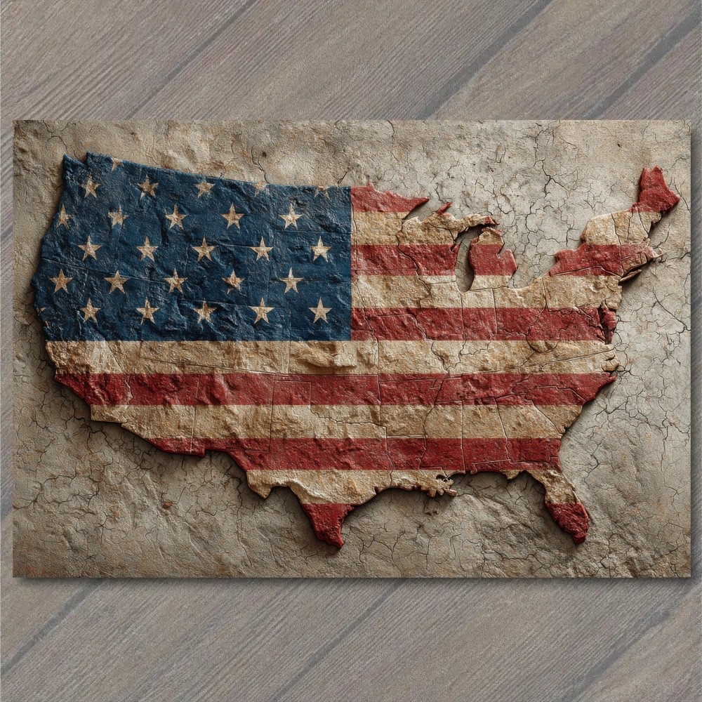 POSTCARD USA Map American Flag United States Outline Patriotic Distressed Rustic