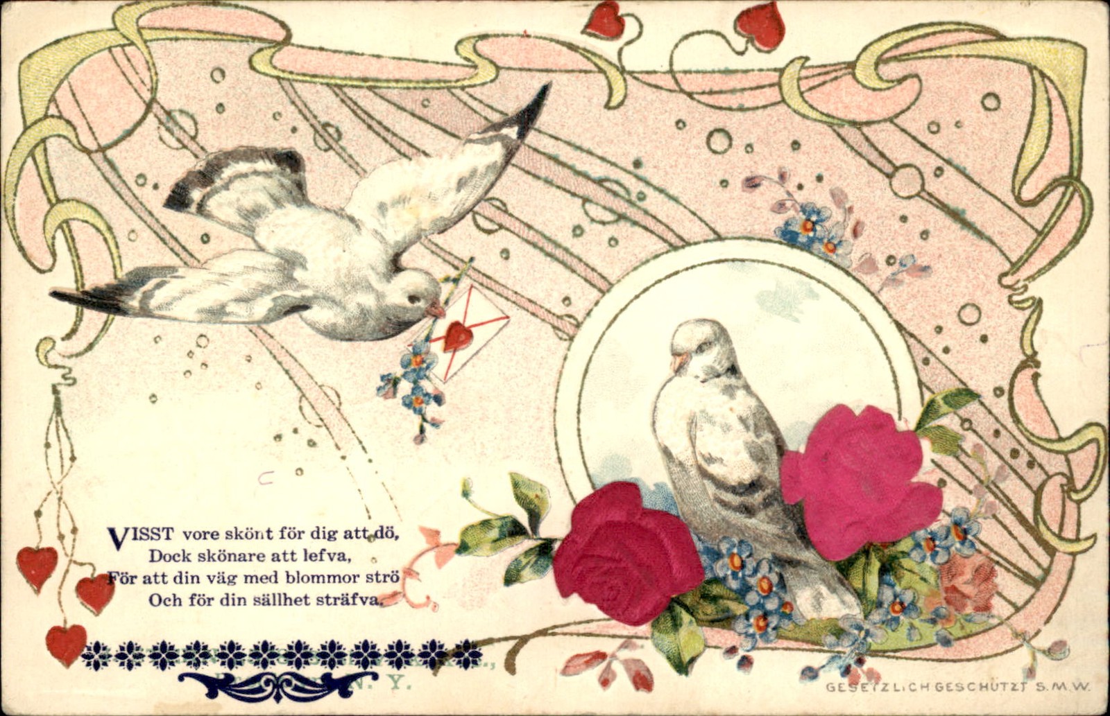 Valentine’s Day Doves with Roses and Hearts Love c1900s-10s Vintage Postcard
