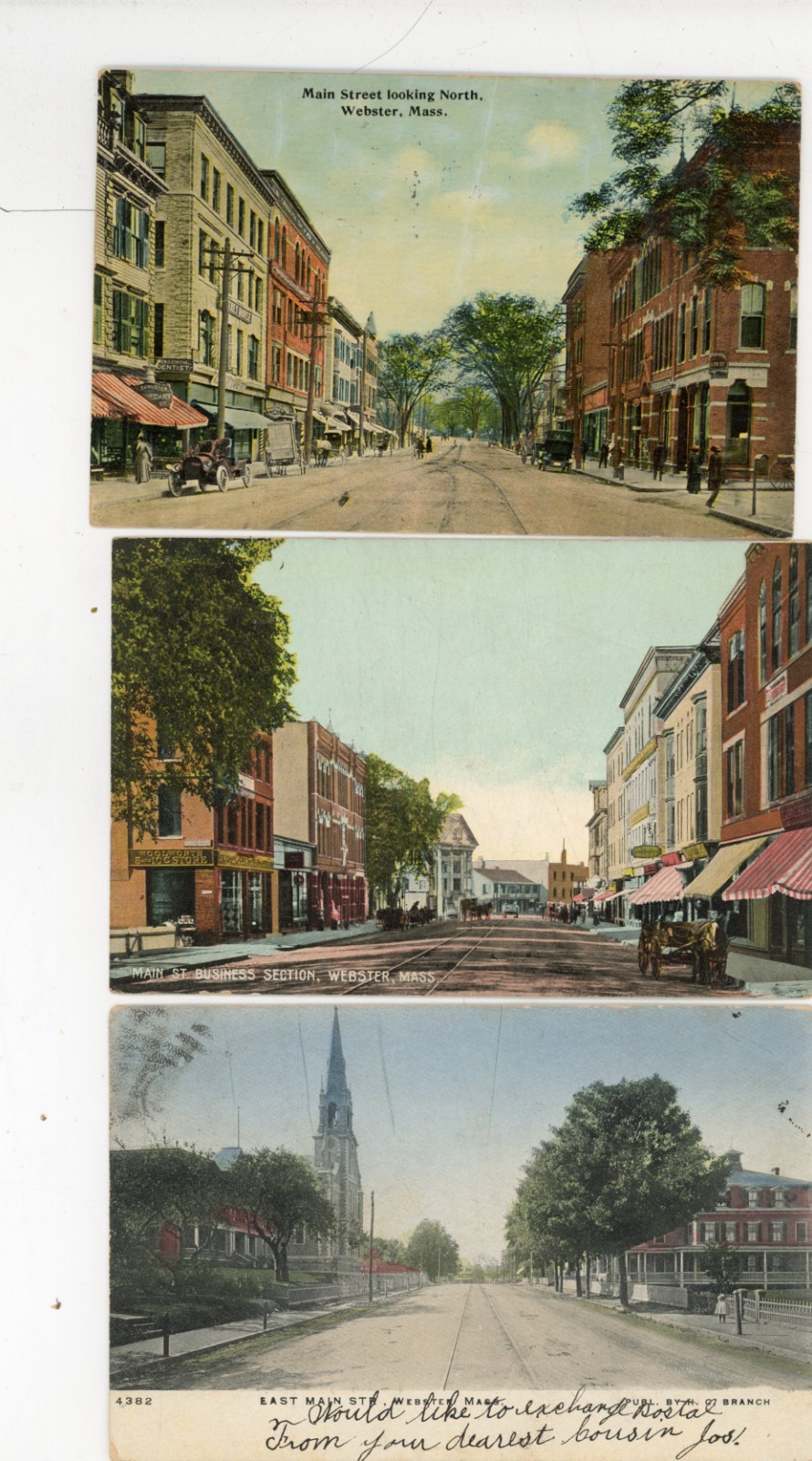 lot of 5 pre-1915 Webster MA postcards, street scenes