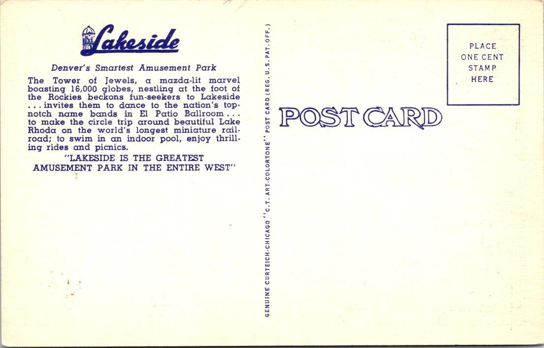 Denver, CO Colorado LAKESIDE AMUSEMENT PARK~TOWER OF JEWELS/Night LINEN Postcard