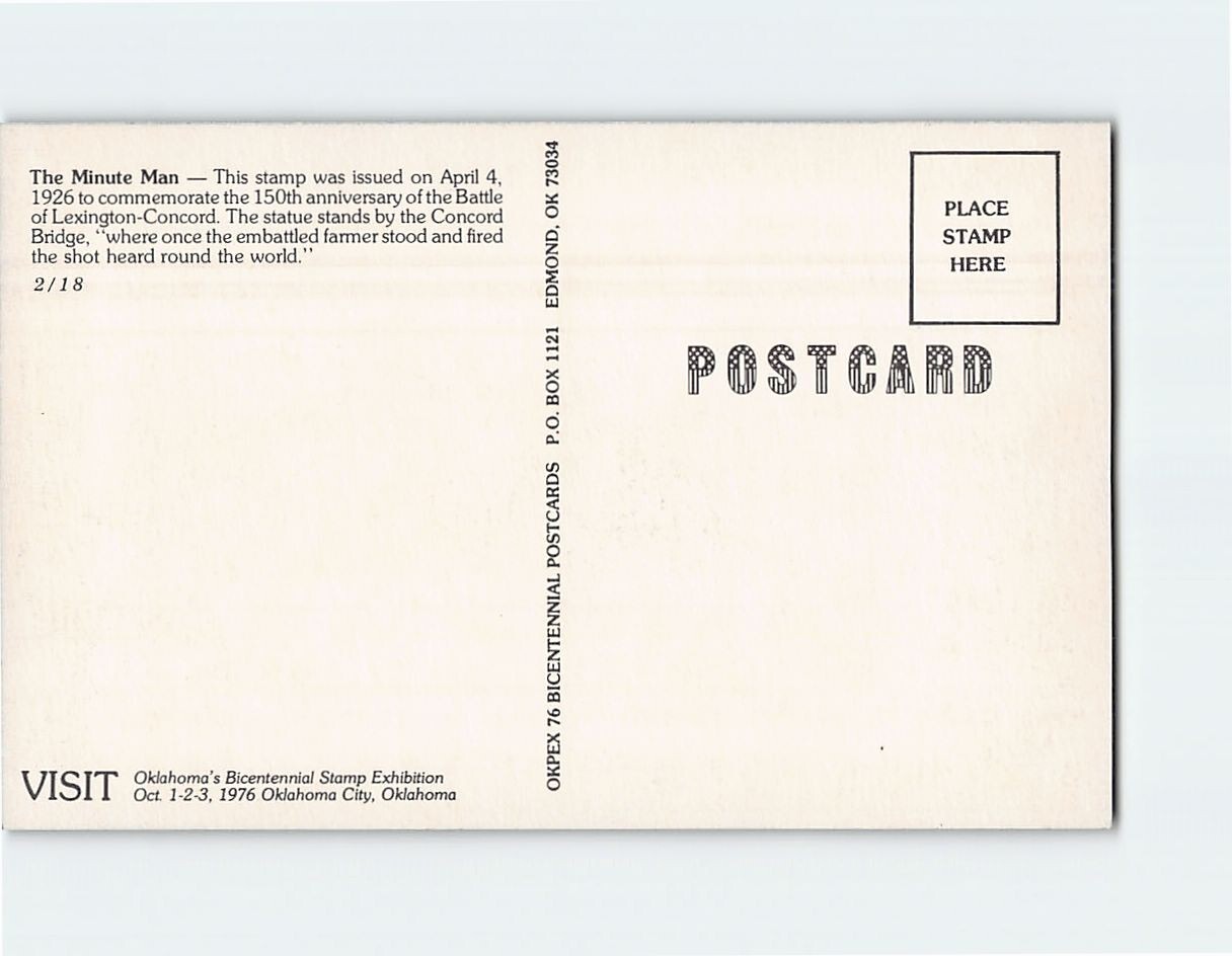Postcard The Minute Man Stamp United States Postage Lexington-Concord Five Cents